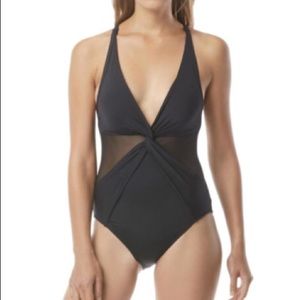 Michael Kors Black Twist Front Mesh Swimsuit